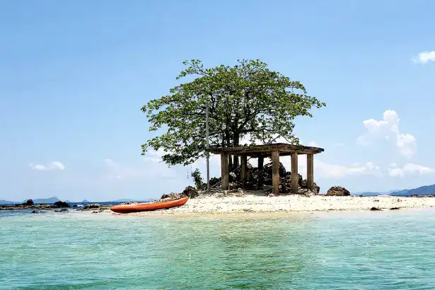 A secluded island with a large tree, rustic hut, and calm turquoise waters, perfect for relaxing in the Philippines.