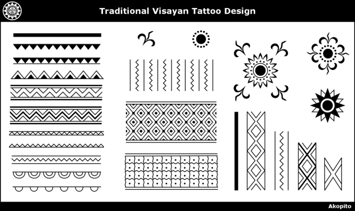 A collection of traditional Visayan tattoo designs inspired by expedition motifs, featuring geometric and sunburst patterns on a black and white background.