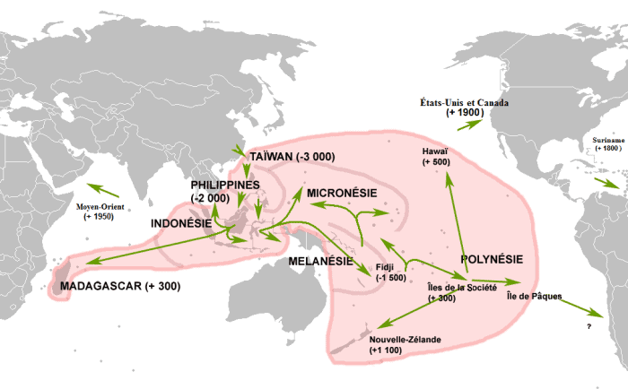 Map showing the Austronesian migration routes, featuring expedition paths and dates marking settlement areas across Pacific and Indian Oceans.
