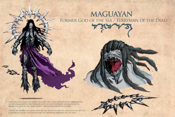 A dark, menacing figure with pale skin and tattered purple robes looms like a nightmare from an ill-fated expedition; sharp teeth and tentacles revealed.