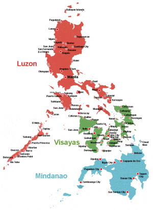 Map of the Philippines showing three regions, perfect for planning an island hopping or cruise adventure, with major cities labeled.