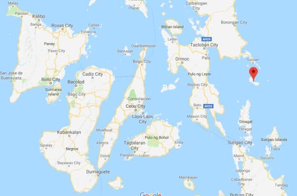 Map showing central Philippine islands in the Visayas, with a red location pin on an eastern island—ideal for boat tours or a cruise adventure.