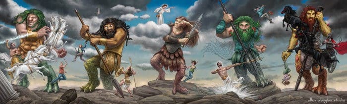 In a fantasy scene, Gigantes clash with human warriors on rugged terrain, clouds swirling above like an eerie island-hopping adventure.