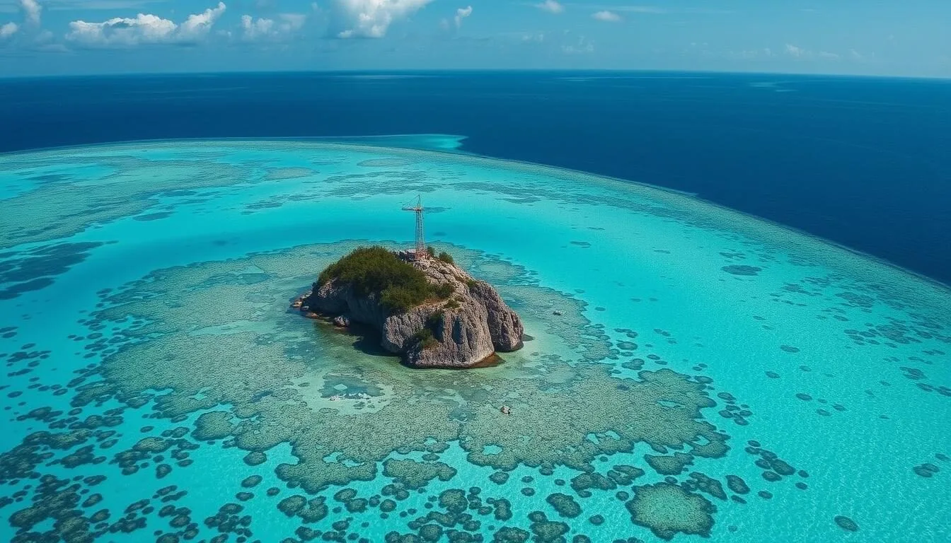 Aerial view of Pescador Island Philippines with turquoise waters surrounding the small rocky