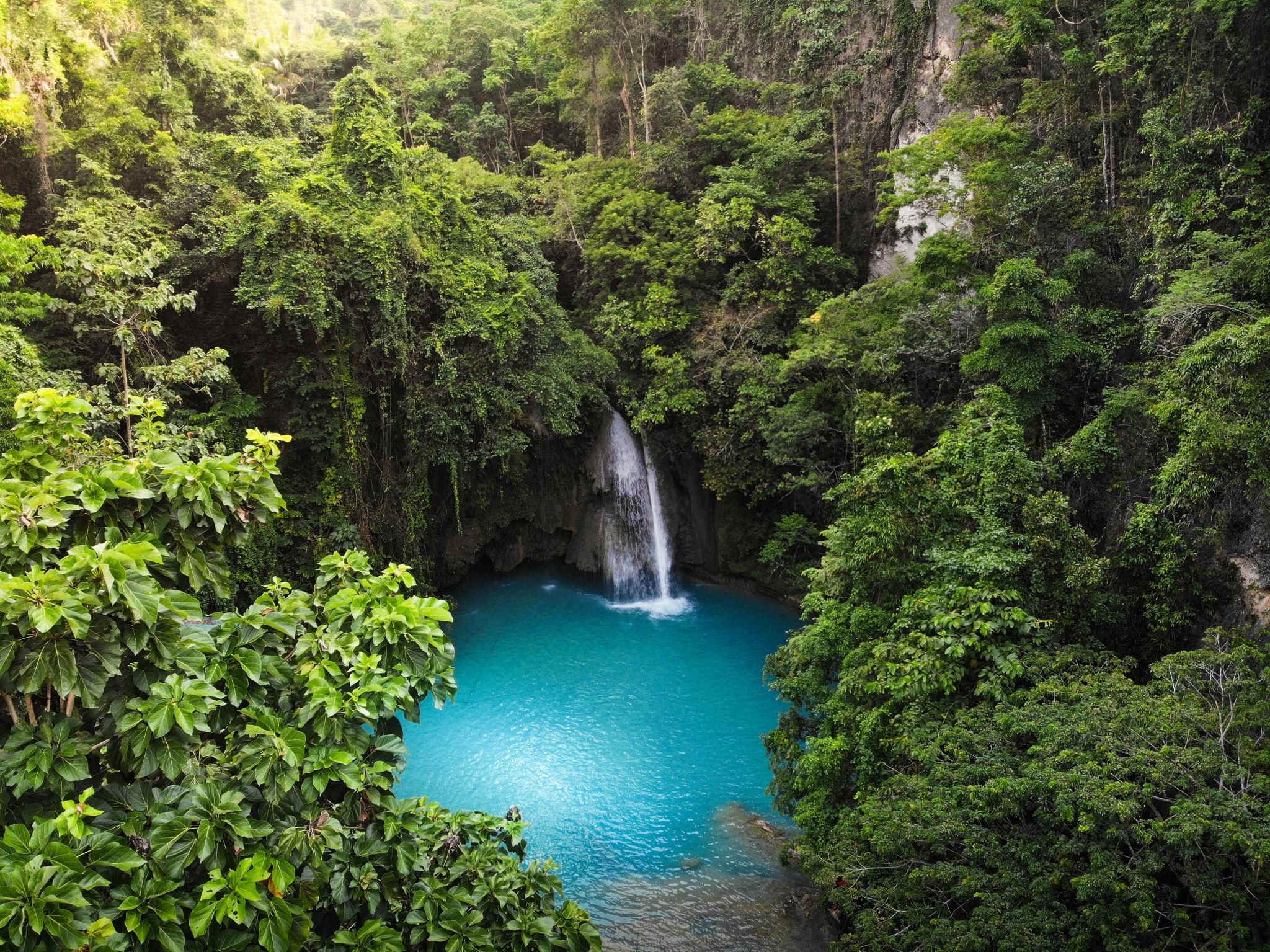 A small waterfall cascades into a bright blue pool, surrounded by lush green tropical forest in enchanting Siquijor.