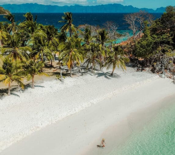 Pristine white sand beach with swaying palm trees, turquoise waters, and lush foliage in the Philippines.