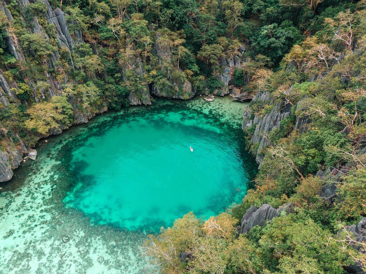 Aerial view of a turquoise lagoon, ideal for island hopping, surrounded by lush trees and cliffs, with a boat tour in the center. Aerial view of a turquoise lagoon, ideal for island hopping, surrounded by lush trees and cliffs, with a boat tour in the center.