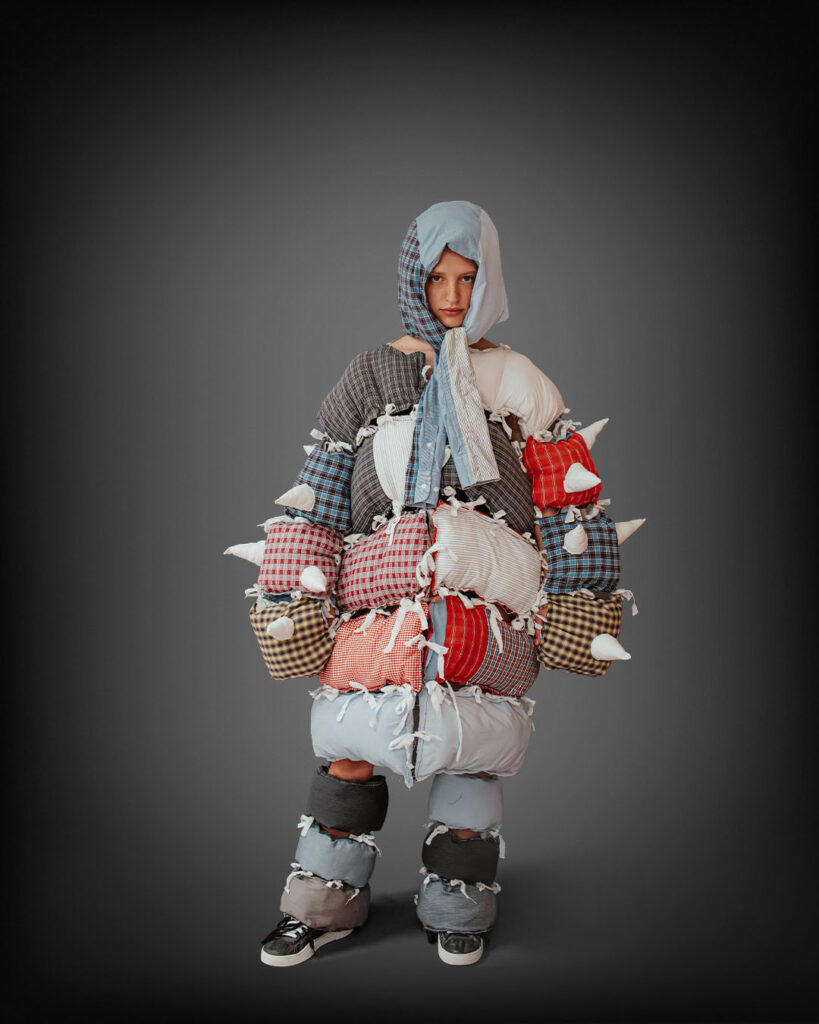 a woman in a costume made out of pillows