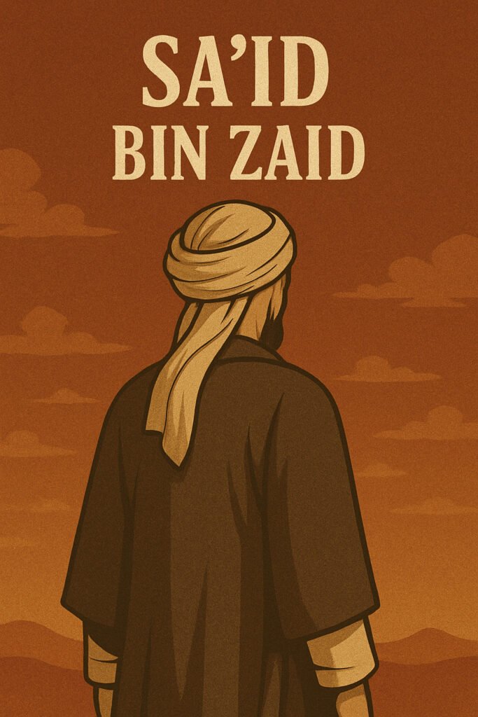 Sa'id bin Zaid Islamic illustration poster – back view of a Sahabah in turban and robe, vintage desert background, Arabic historical figure artwork