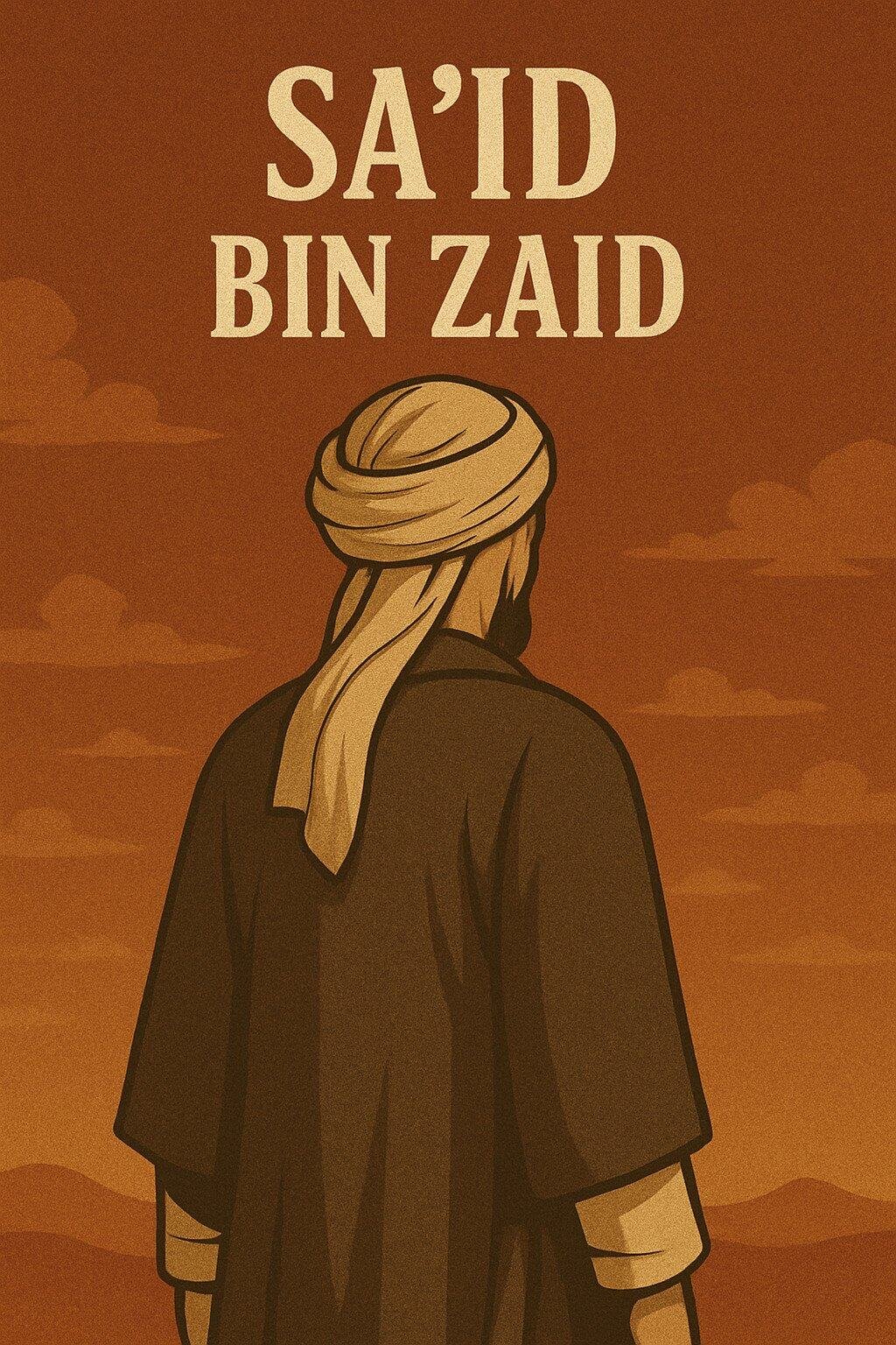 Sa'id bin Zaid Islamic illustration poster – back view of a Sahabah in turban and robe, vintage desert background, Arabic historical figure artwork