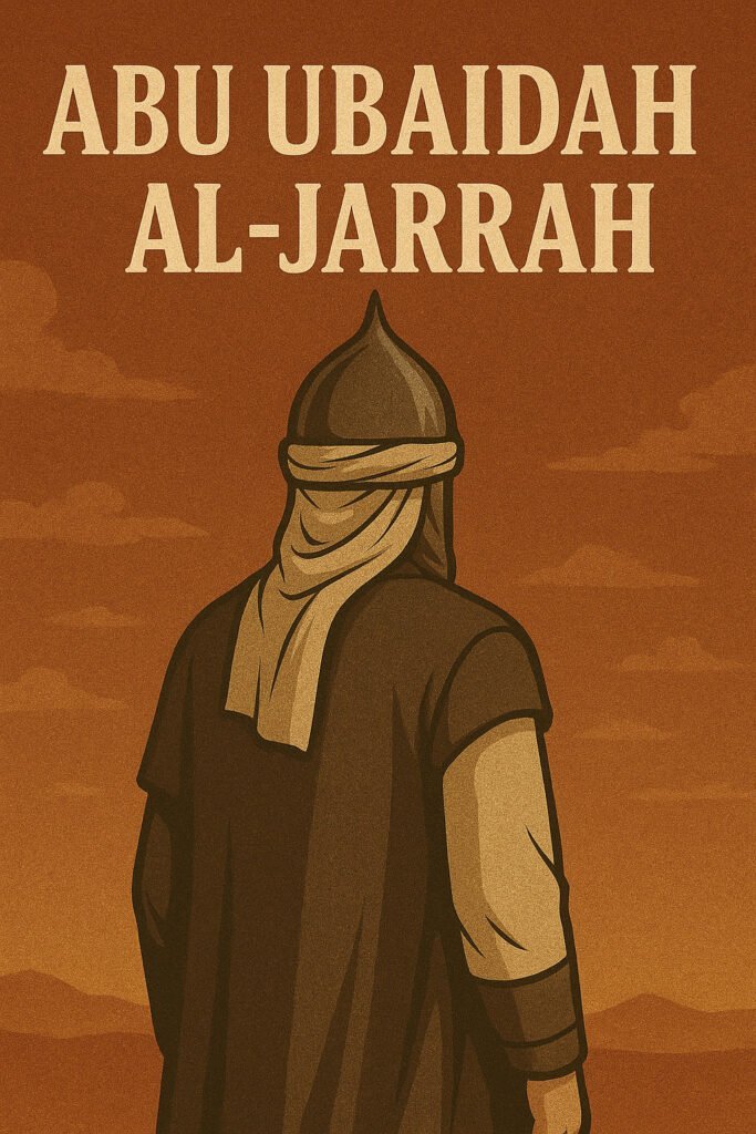 Abu Ubaidah Al-Jarrah Islamic poster – back view of a Sahabah in traditional armor and turban, standing in a desert landscape at sunset, vintage historical Muslim warrior artwork