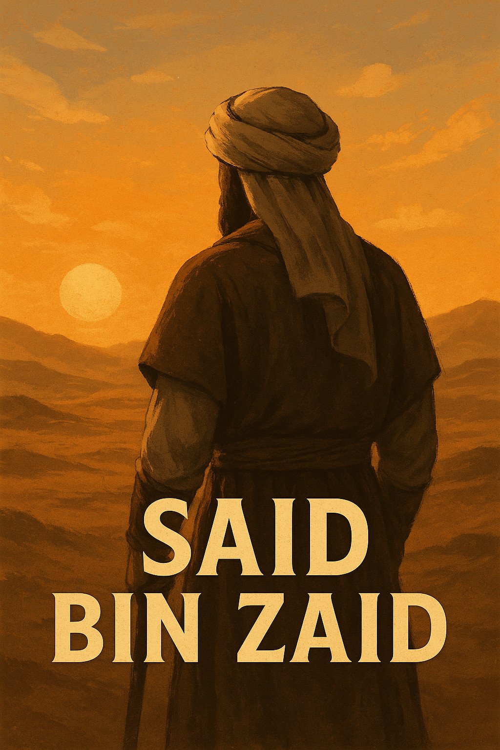 Said bin Zaid Islamic poster – desert-themed digital illustration of Sahabah in turban and robe, viewed from behind at sunset, historical Muslim figure in Middle Eastern attire.