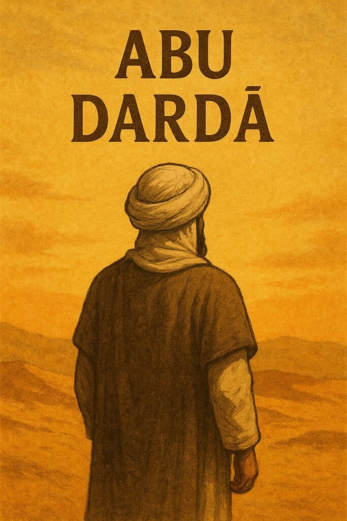 Abu Darda Islamic illustration poster – traditional desert-themed artwork of Sahabah in turban and robe, shown from behind, with golden sky background and historical Muslim figure style