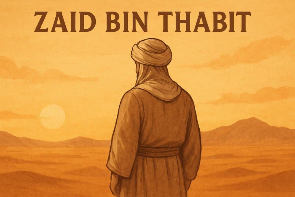 Zaid bin Tsabit Islamic thumbnail – digital artwork showing back view of a Sahabah in robe and turban, standing in a desert at sunset with warm tones, historical Muslim scribe illustration