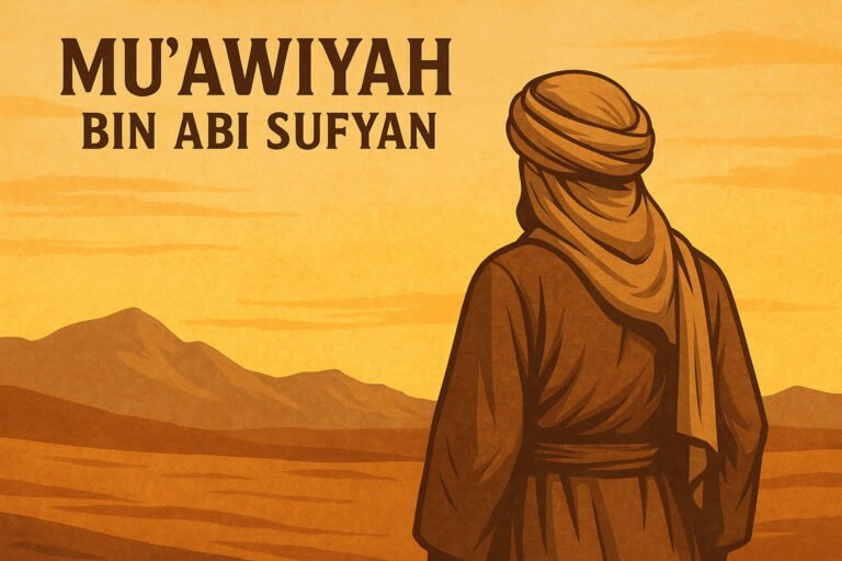 Muawiyah bin Abi Sufyan Islamic thumbnail – back view of a Sahabah in turban and robe standing in a golden desert sunset, traditional Muslim historical figure artwork