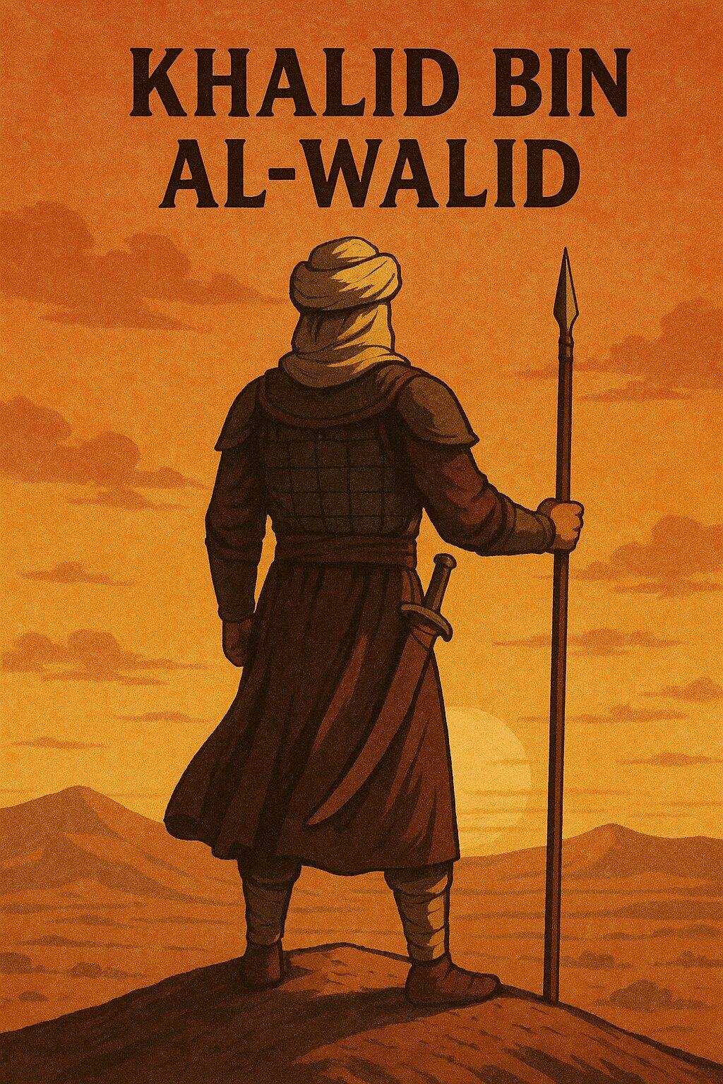 Khalid bin Al-Walid Islamic poster – semi-realistic desert illustration of Muslim warrior in armor and turban, viewed from behind with spear in hand, sunset battlefield setting
