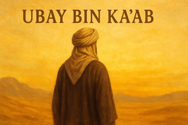 Ubay bin Ka'ab Islamic thumbnail – digital illustration of a Sahabah in robe and turban, viewed from behind in a golden desert landscape at sunset, historical Muslim figure artwork