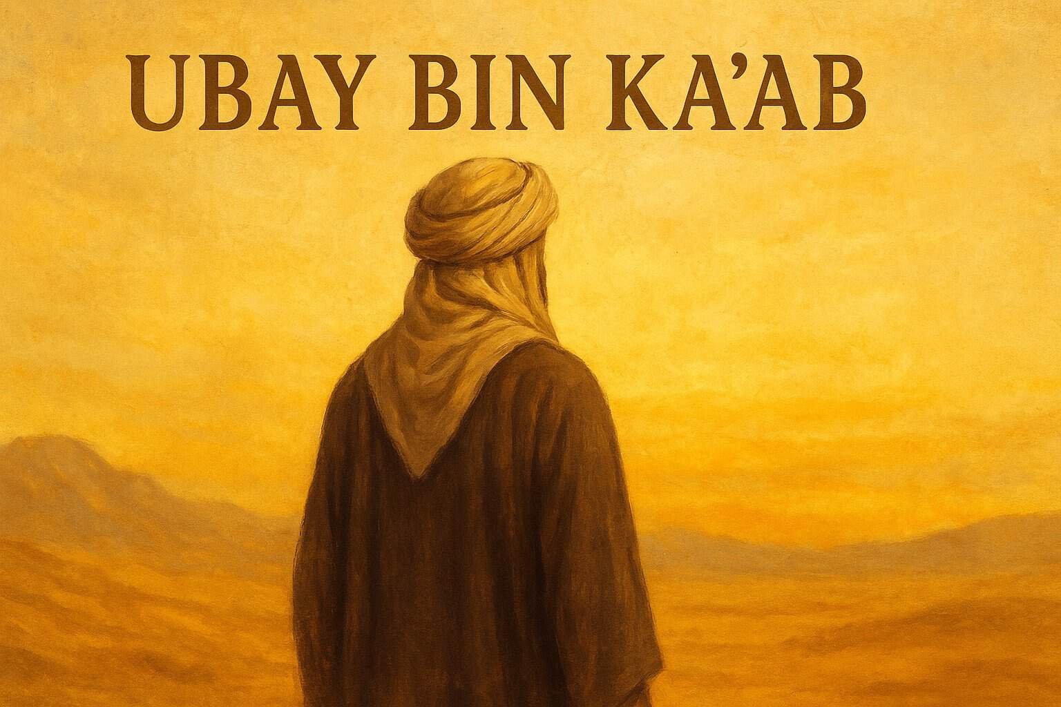 Ubay bin Ka'ab Islamic thumbnail – digital illustration of a Sahabah in robe and turban, viewed from behind in a golden desert landscape at sunset, historical Muslim figure artwork