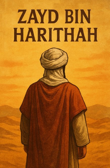 Zayd bin Harithah Islamic poster – traditional illustration of Sahabah in turban and red cloak, viewed from behind in desert landscape, Muslim historical figure artwork