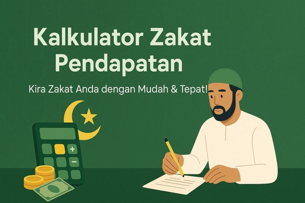 Kalkulator Zakat Pendapatan – Ilustrasi Muslim sedang mengira zakat dengan kalkulator, wang syiling, dan simbol bulan sabit bintang, dalam tema hijau Islamik.