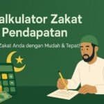 Kalkulator Zakat Pendapatan – Ilustrasi Muslim sedang mengira zakat dengan kalkulator, wang syiling, dan simbol bulan sabit bintang, dalam tema hijau Islamik.