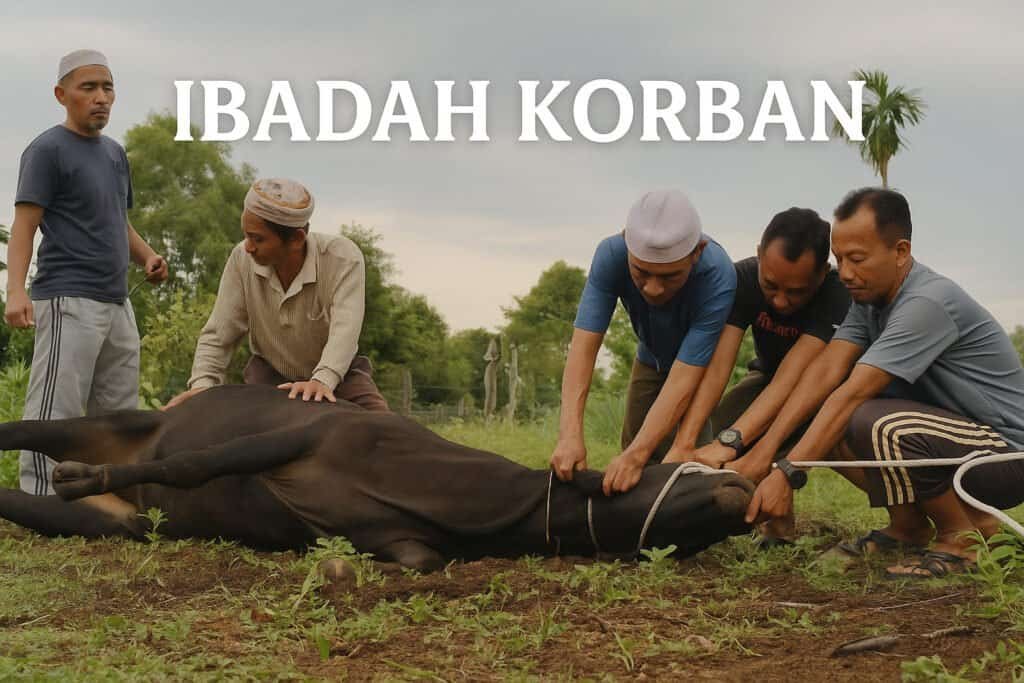 Sekumpulan lelaki Muslim sedang melaksanakan ibadah korban, menyembelih seekor lembu di kawasan lapang, berlatarbelakangkan alam semula jadi.