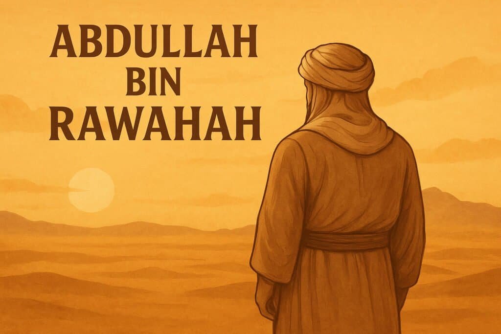 Abdullah bin Rawahah, shown from behind wearing traditional Middle Eastern attire and a turban, standing in a vast desert landscape at sunset, with his name ‘Abdullah Bin Rawahah’ in bold lettering on the left.