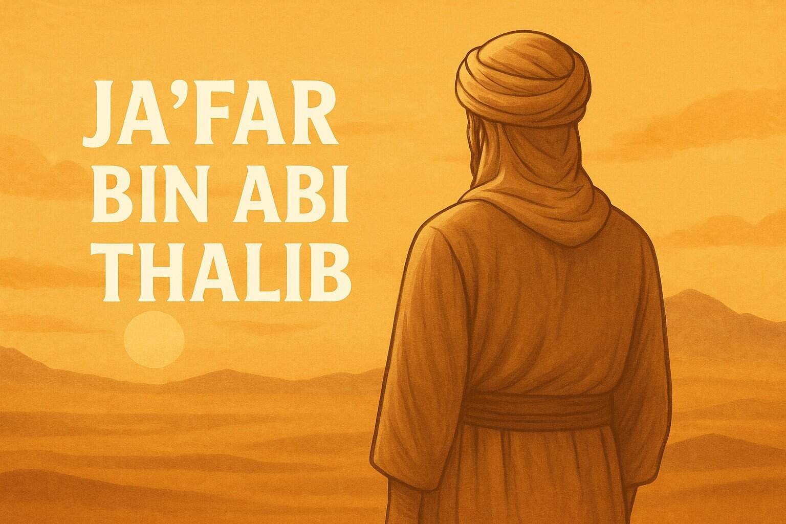 ✅ Alt text: “Ilustrasi digital berwarna sepia Ja’far bin Abi Thalib sedang berdiri membelakangi penonton, melihat padang pasir yang luas dengan matahari terbenam, nama Ja’far bin Abi Thalib tertera di sebelah kiri.”