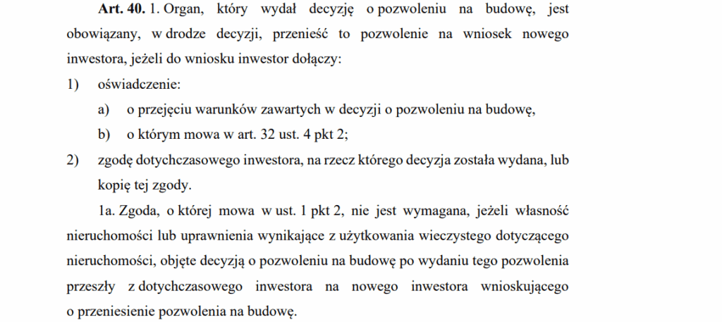 Przeniesienia pozwolenia na budowę - art.40 Prawo Budowlane