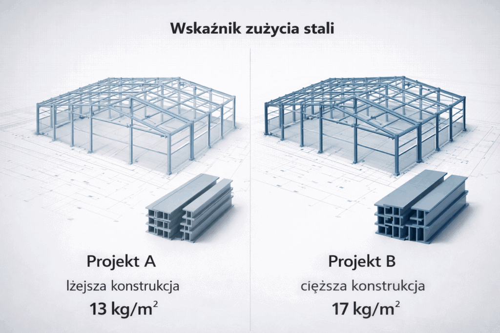Tańszy projekt konstrukcji hali - wskaźnik stali