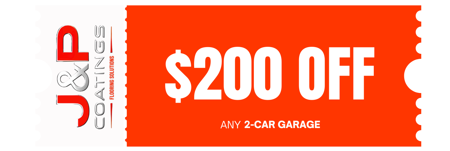 A coupon from J&P Coatings offers $200 off any 2-car garage flooring job. The image highlights special savings for customers.