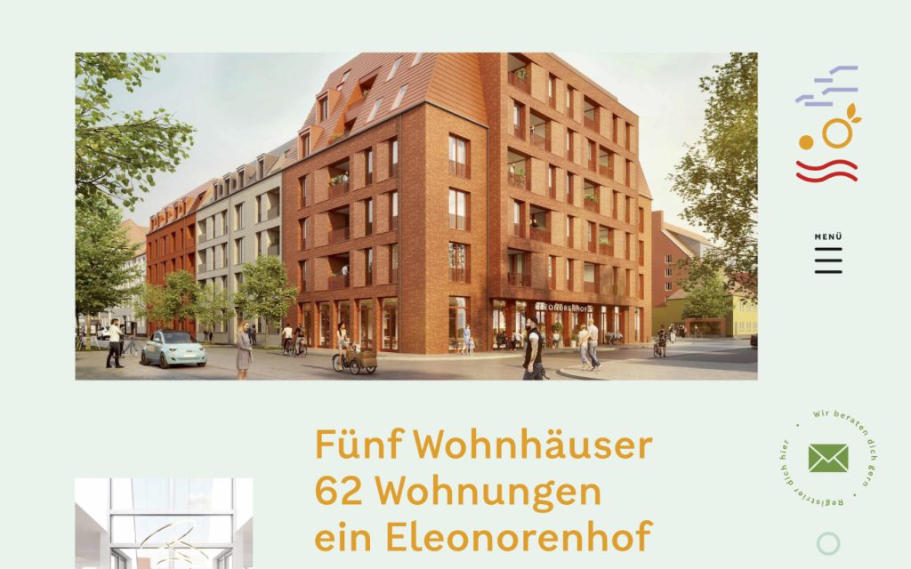 Screenshot WordPress Website des Neubauprojekts „Eleonorenhof“ in Hannover-Linden. Die Website hat ein modernes, klares und minimalistisches Design. Das Hauptbild zeigt eine Architektur-Visualisierung der modernen, mehrstöckigen Wohngebäude aus rötlichem Backstein. Darunter steht: „Fünf Wohnhäuser, 62 Wohnungen, ein Eleonorenhof“.