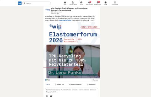 LinkedIn-Post von wip-Kunststoffe e.V. zum Elastomerforum 2026 mit Referentin Dr. Lena Funke von BASF, 26 Reaktionen und 3 Reposts
