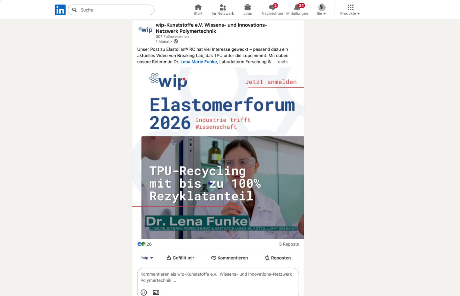 LinkedIn-Post von wip-Kunststoffe e.V. zum Elastomerforum 2026 mit Referentin Dr. Lena Funke von BASF, 26 Reaktionen und 3 Reposts