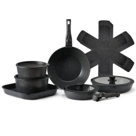 17 Piece Pots and Pans Set Granite Nonstick Kitchen Cookware Induction Black