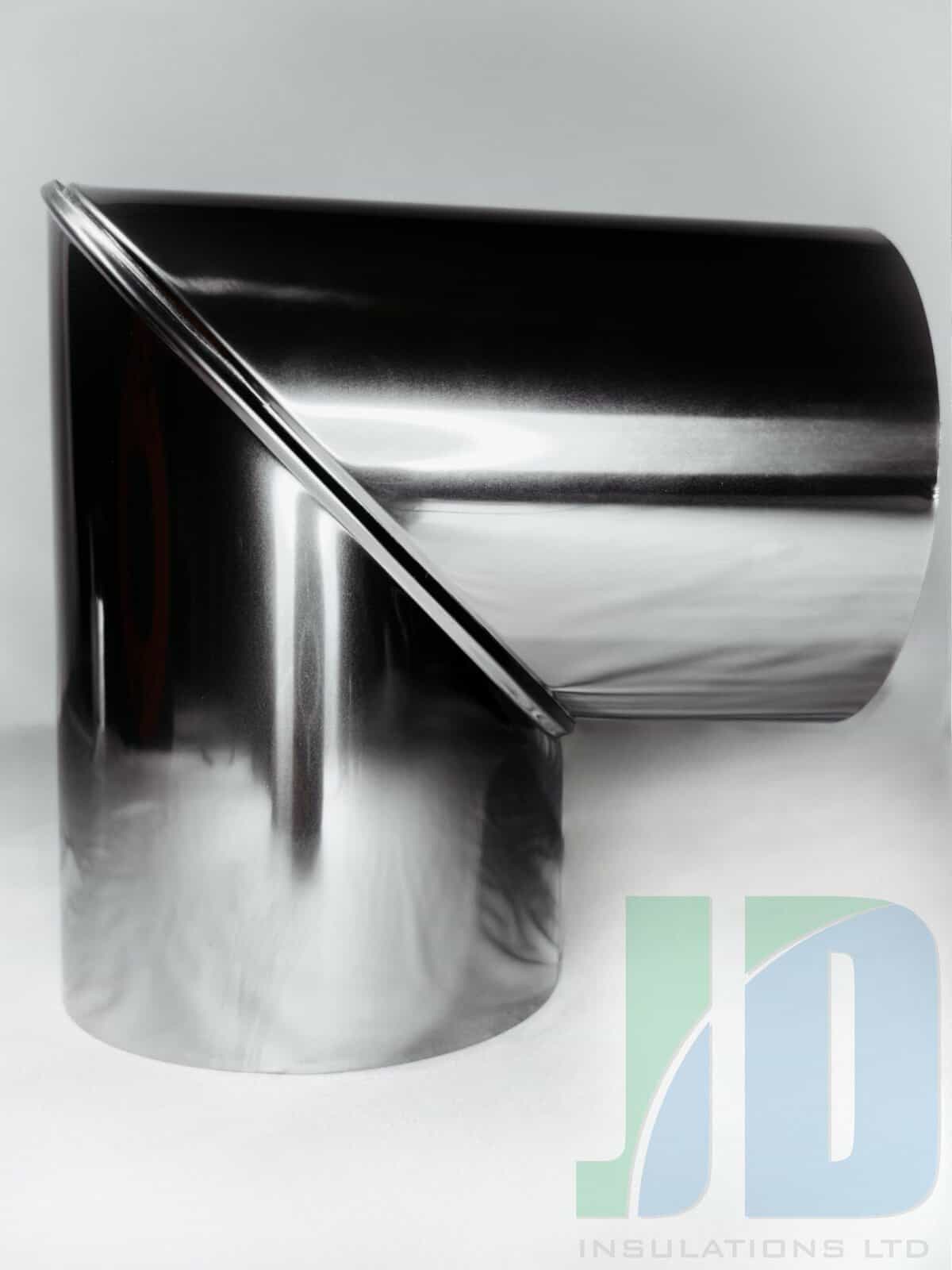 Shiny metal ventilation duct elbow, JD Insulations logo