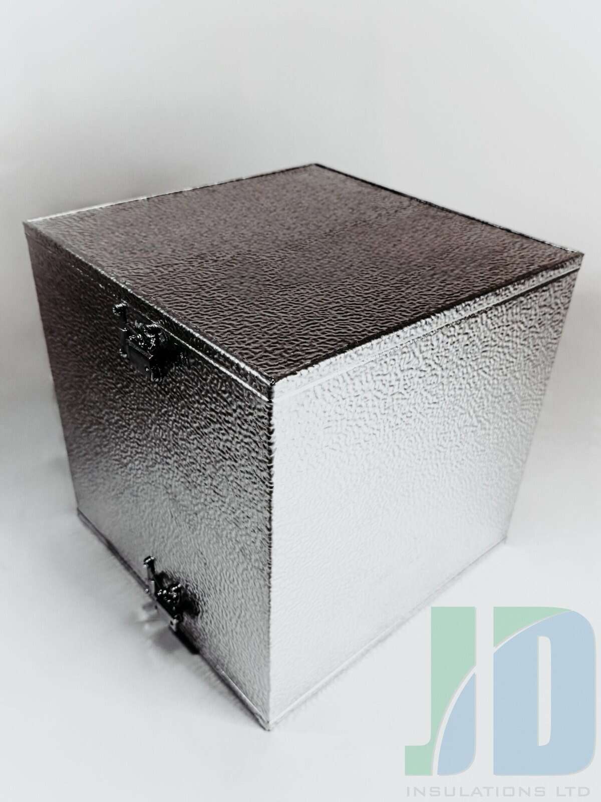 Insulated silver box with locking mechanism.