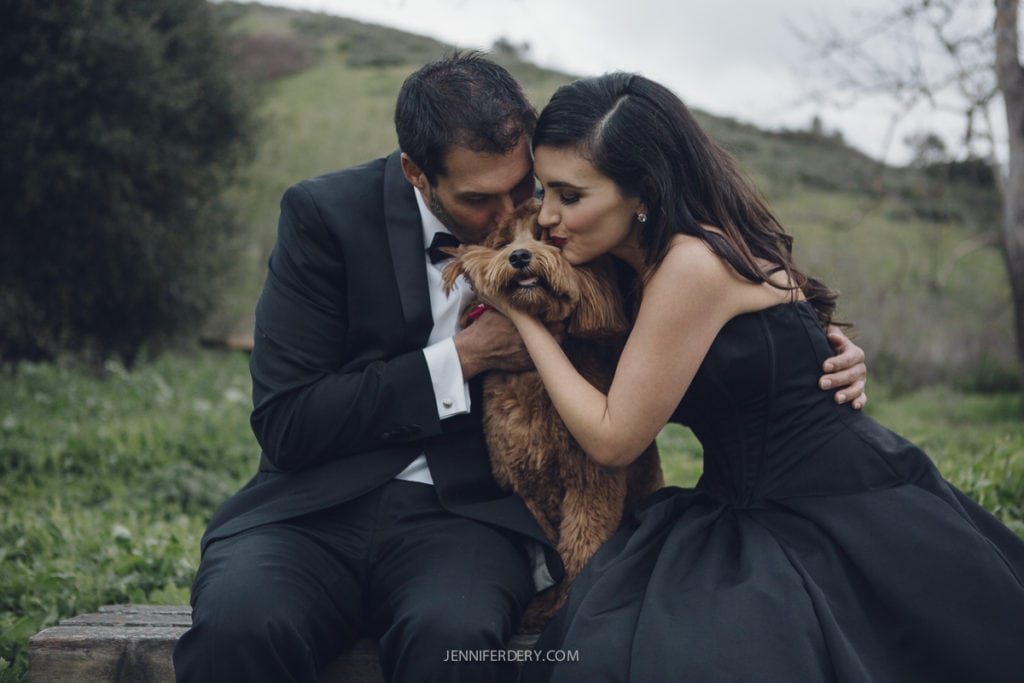 A couple in formal attire sits on a wooden bench outdoors, embracing and kissing a fluffy brown dog. The man wears a black suit, and the woman wears a black dress. They are surrounded by lush greenery, with a hill and cloudy sky in the background.
