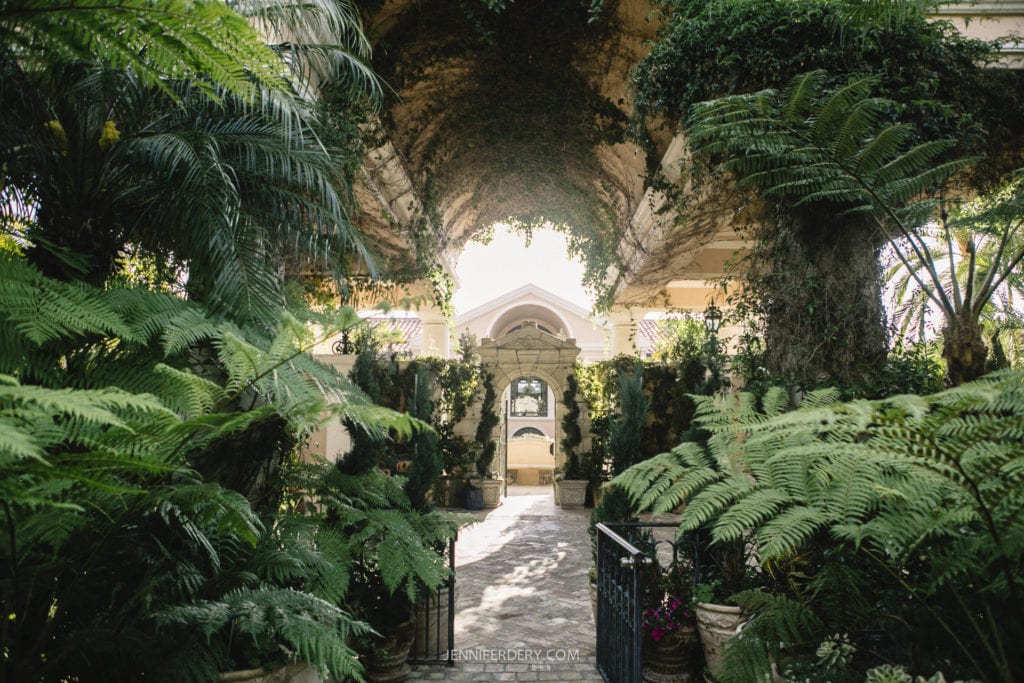 A lush garden walkway with ferns and vines leads to an ornate archway. Sunlight filters through, illuminating potted plants along the path. The scene exudes tranquility and natural beauty.