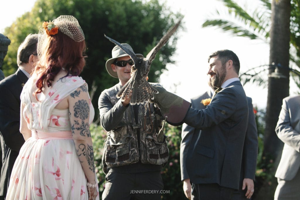 A groom wearing a glove holds a falcon ring bearer while another man in a suit gently touches the bird. A bride in a floral dress and a hat stands nearby. Trees and plants are in the background under a clear sky.