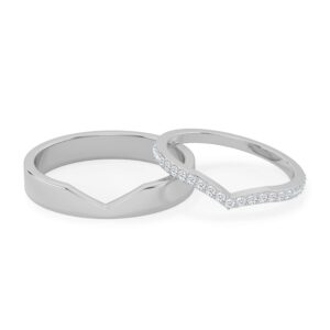 V-Shape Chevron Couple Wedding Band Set with Diamond Pave