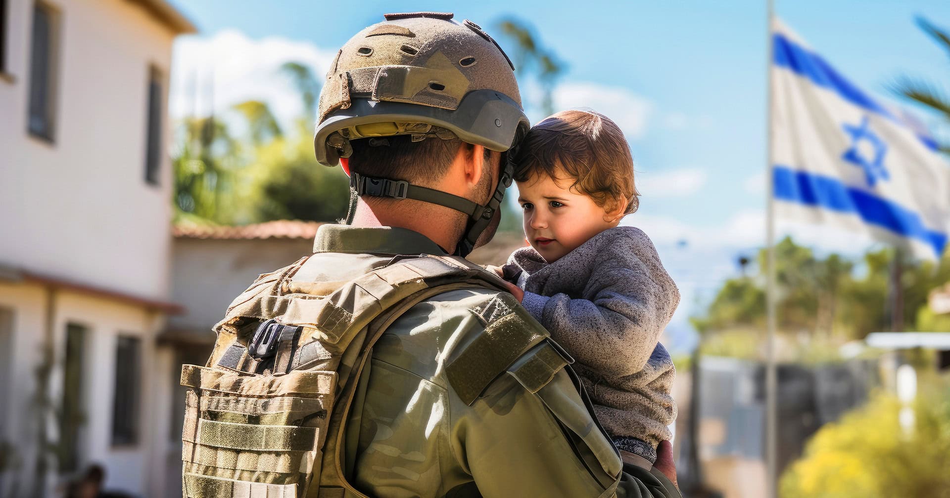A soldier holding a small child with the Israeli flag in the background.