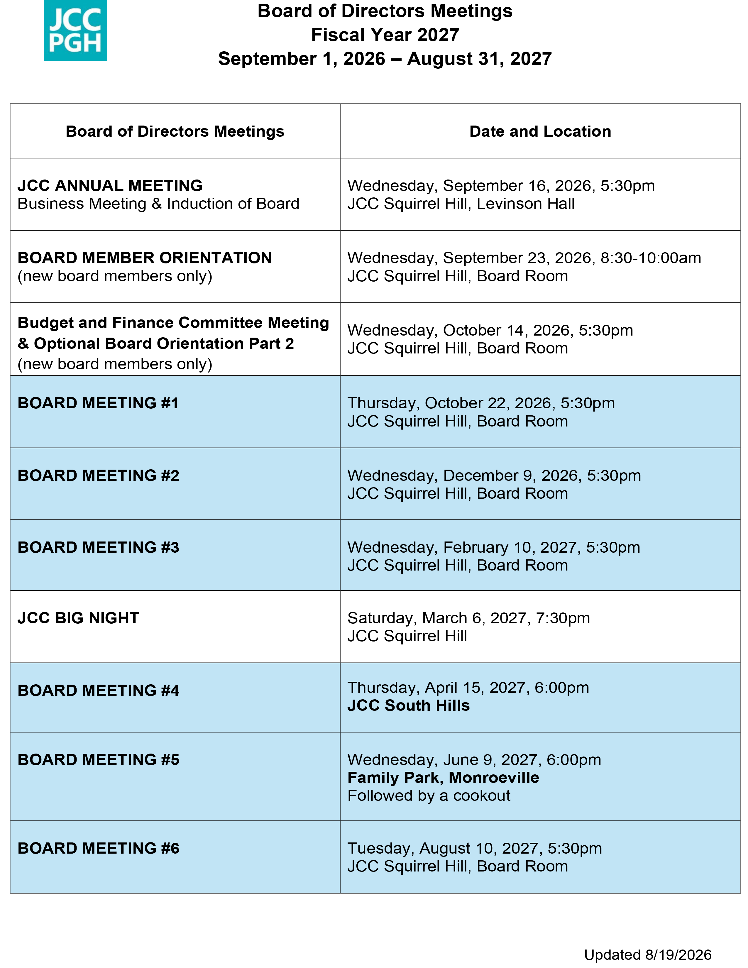 JCC Board of Director Meetings