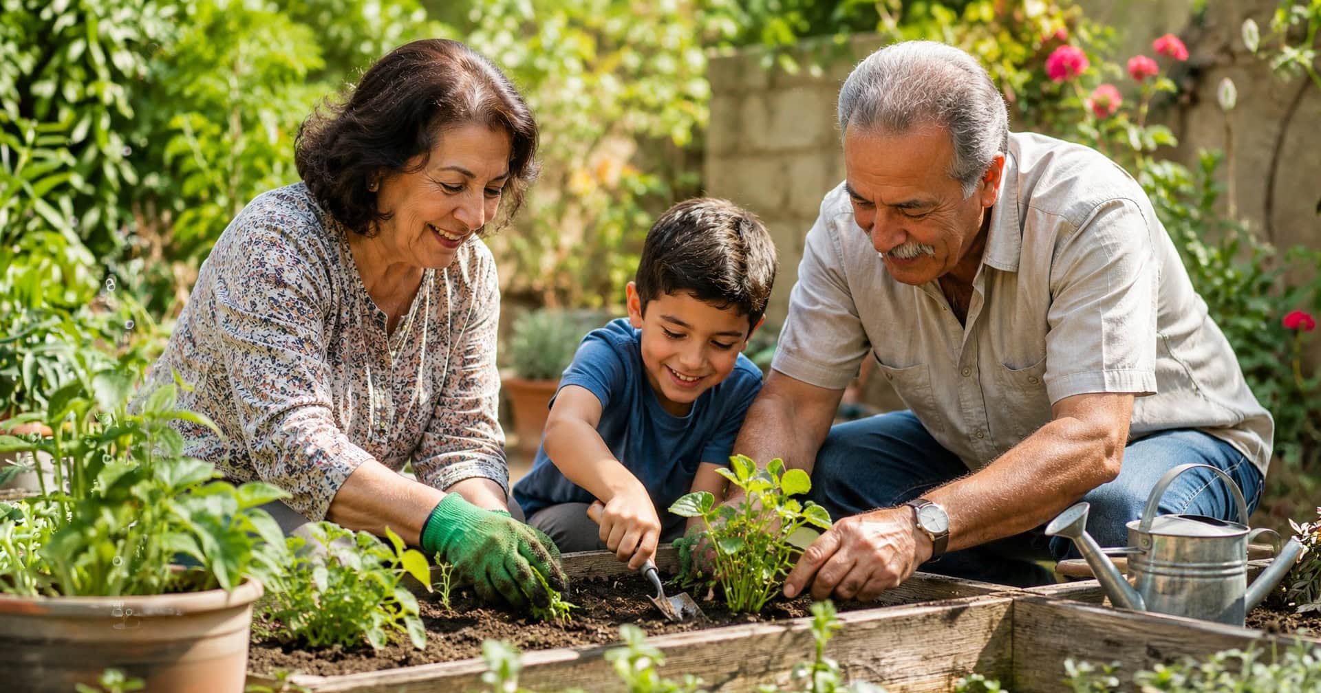 boy gardening with grandparents
