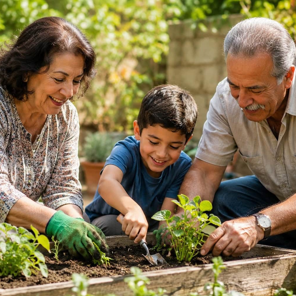 boy gardening with grandparents