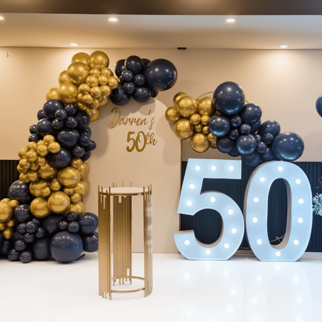 Elegant 50th birthday balloon decoration with gold and navy blue balloons.