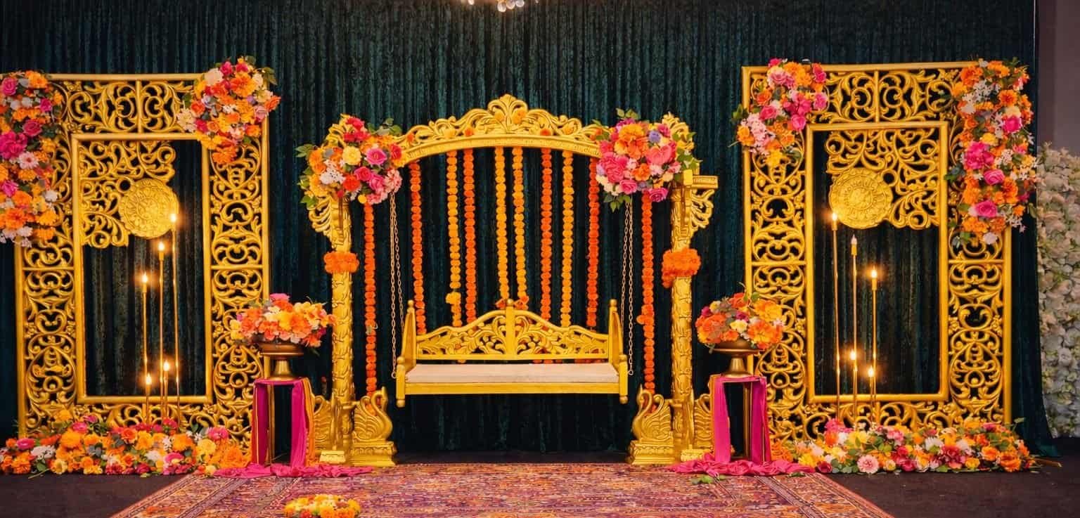 Beautiful mehndi event stage with floral decor and ornate gold accents.