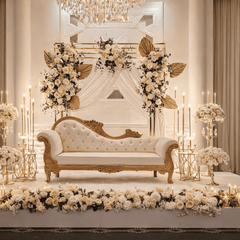 Engagement decoration setup in Melbourne featuring floral arrangements and luxurious seating for spe.