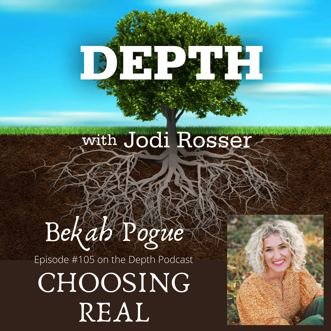 Depth podcast episode 105 cover with tree and Bekah Pogue photo.