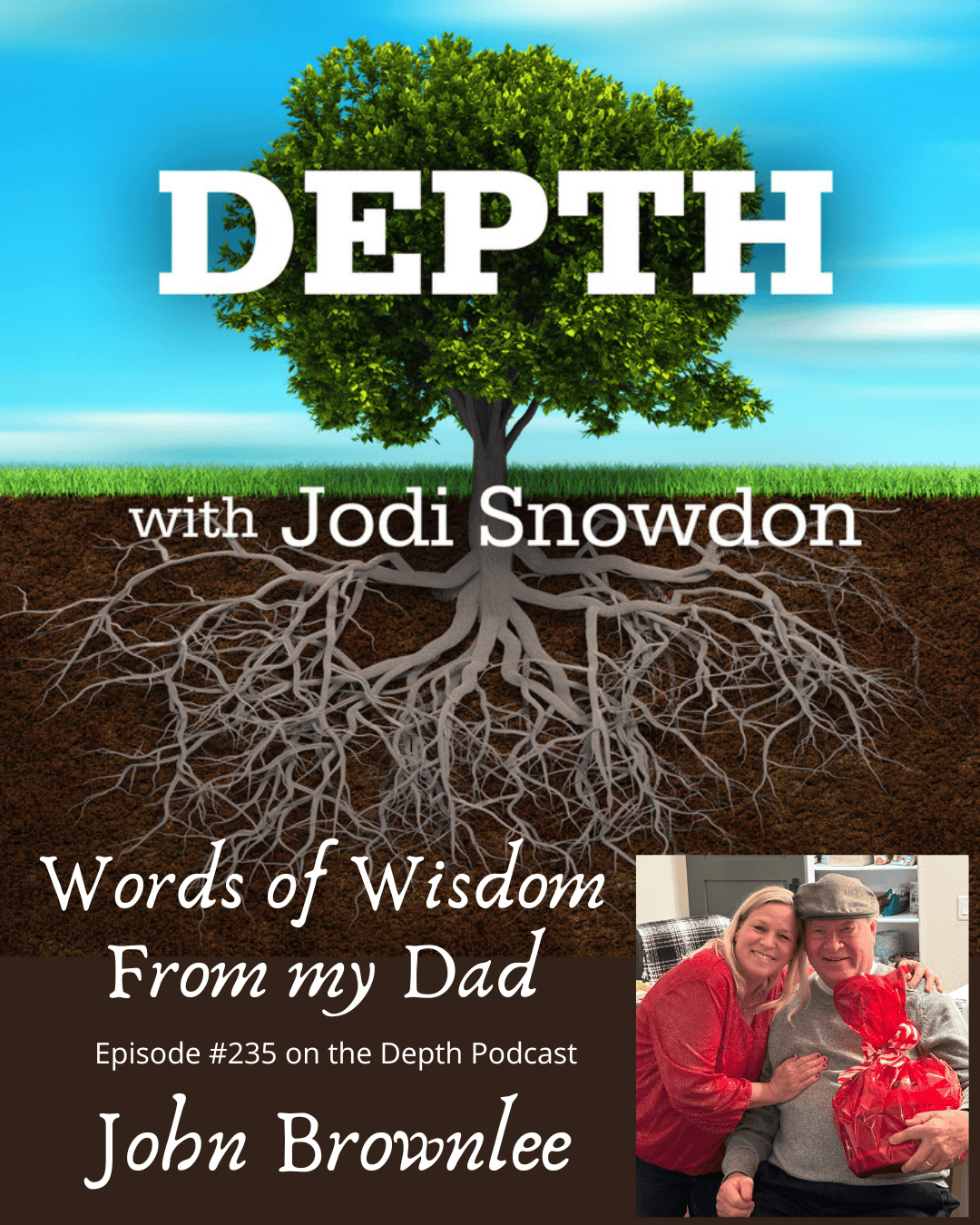 Tree with roots representing depth and wisdom in podcast image.